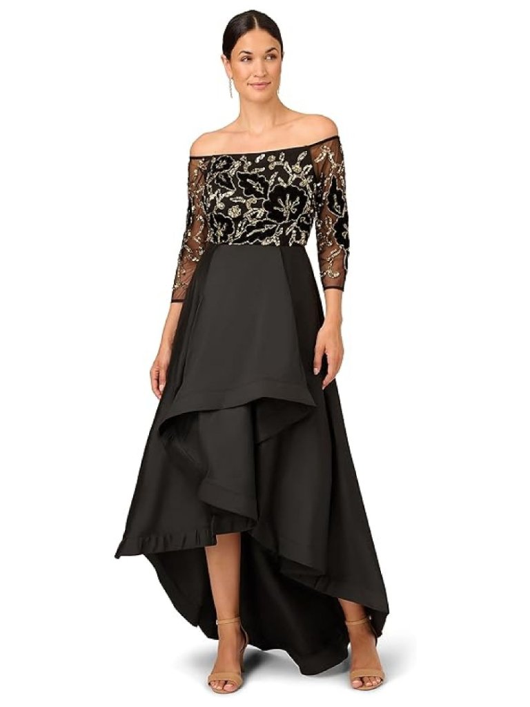 Adrianna Papell Black Hi-Lo Skirt 3/4 Sleeve Formal Gown Dress 2 Nwt